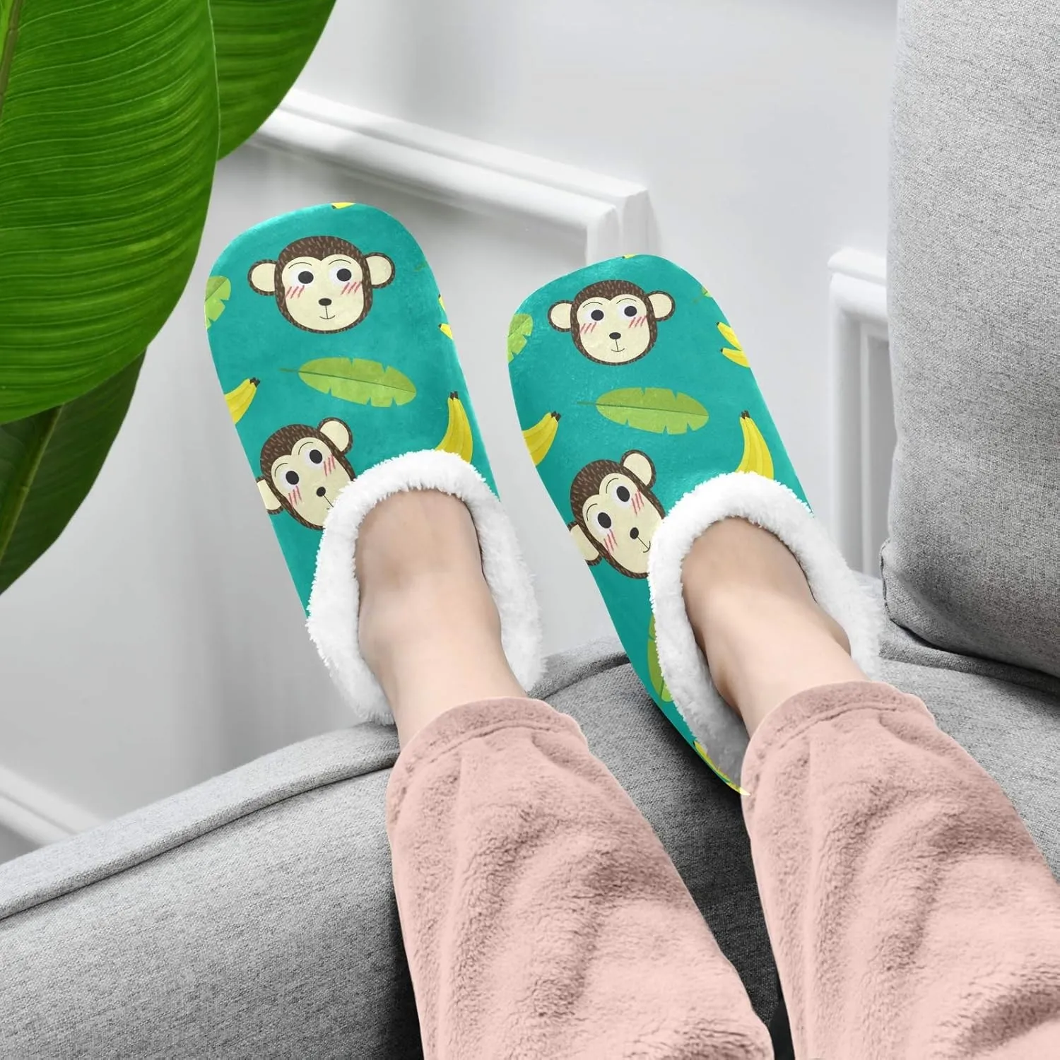 Winter House Slippers for Women/Men with Seamless Yellow Banana Pattern Element Cozy Fleece Slippers