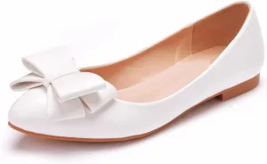Women Flat Shoes, White Bow Tie Shallow Mouth Comfortable Bridal Shoes Low Heeled Wedding Party Dance Photo Casual Shoes Adult,34 EU,White