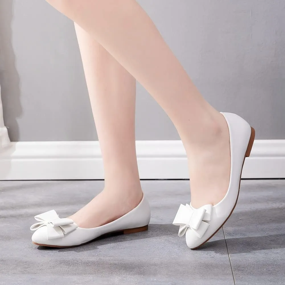 Women Flat Shoes, White Bow Tie Shallow Mouth Comfortable Bridal Shoes Low Heeled Wedding Party Dance Photo Casual Shoes Adult,34 EU,White