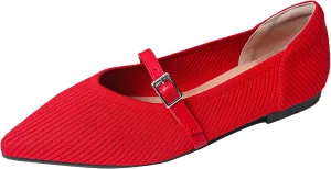Women Knitted Striped Pointed Toe Mary Jane Flats with Adjustable Ankle Strap Comfort Casual Breathable Lightweight Washable Walking Shoes Dressy Ballet Flats for Office Dating