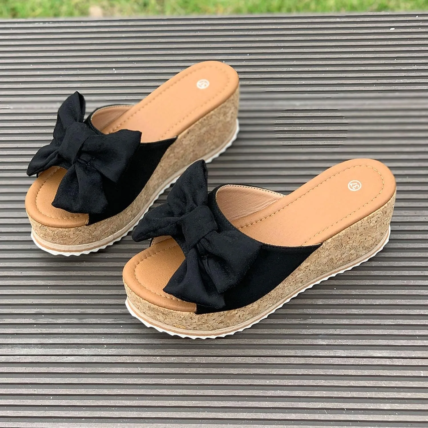 Women Platform Beach Slippers Wedge Heel Flip Flops Shoes Sandals Wide Width Slip On Peep Toe with Bow Non-Slip Summer Slingback Slipper Vacation Travel Outdoor Going Out Flip Flops