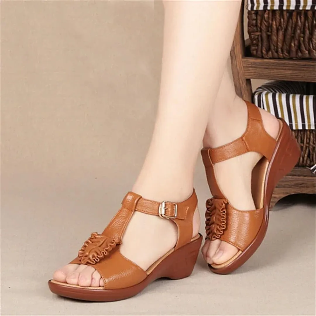 Womens Buckle Strap Front Rear Strap Wedge Heel Open Side Vamp Basic Sandals Cowhide Peep Toe Non-Slip Mothers