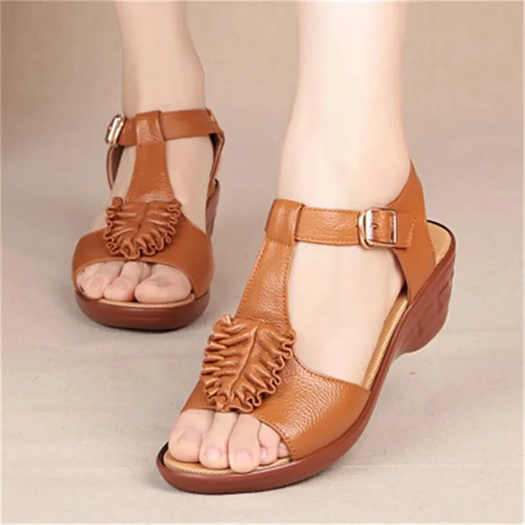 Womens Buckle Strap Front Rear Strap Wedge Heel Open Side Vamp Basic Sandals Cowhide Peep Toe Non-Slip Mothers