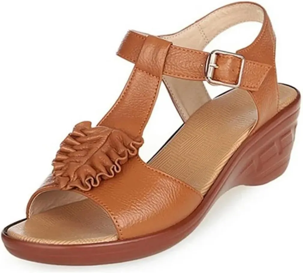 Womens Buckle Strap Front Rear Strap Wedge Heel Open Side Vamp Basic Sandals Cowhide Peep Toe Non-Slip Mothers