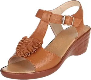 Womens Buckle Strap Front Rear Strap Wedge Heel Open Side Vamp Basic Sandals Cowhide Peep Toe Non-Slip Mothers