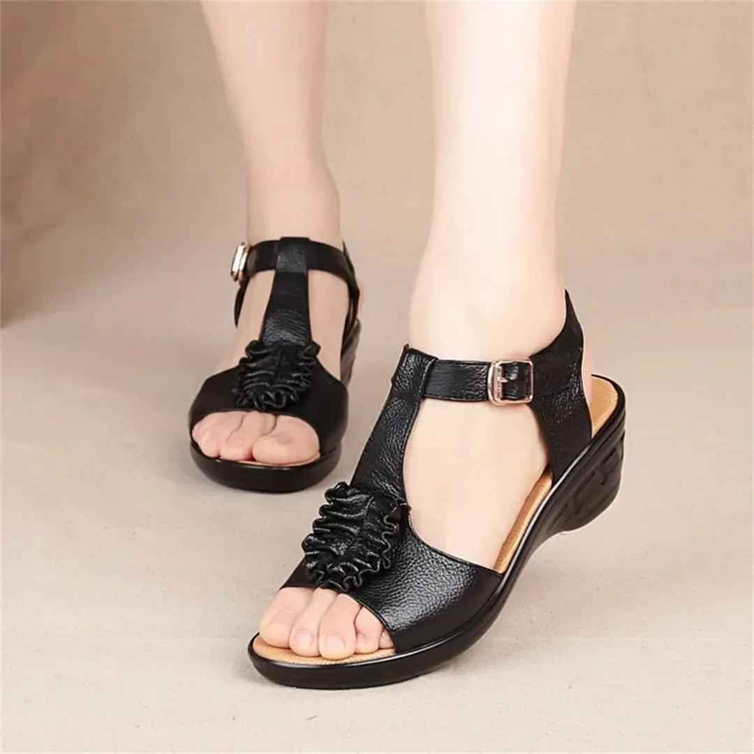 Womens Buckle Strap Front Rear Strap Wedge Heel Open Side Vamp Basic Sandals Cowhide Peep Toe Non-Slip Mothers