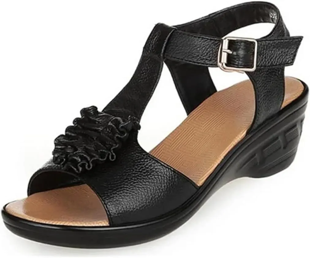 Womens Buckle Strap Front Rear Strap Wedge Heel Open Side Vamp Basic Sandals Cowhide Peep Toe Non-Slip Mothers