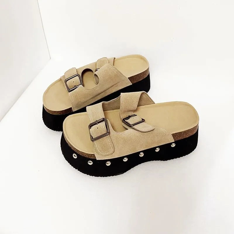 Women's Casual Slip on Wedges Platform Mules, Comfortable Buckle Clogs Slide Sandal, Studded Mid Heel Slipper Shoes