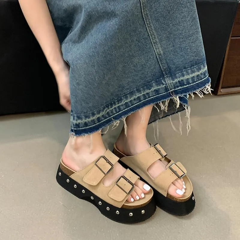 Women's Casual Slip on Wedges Platform Mules, Comfortable Buckle Clogs Slide Sandal, Studded Mid Heel Slipper Shoes