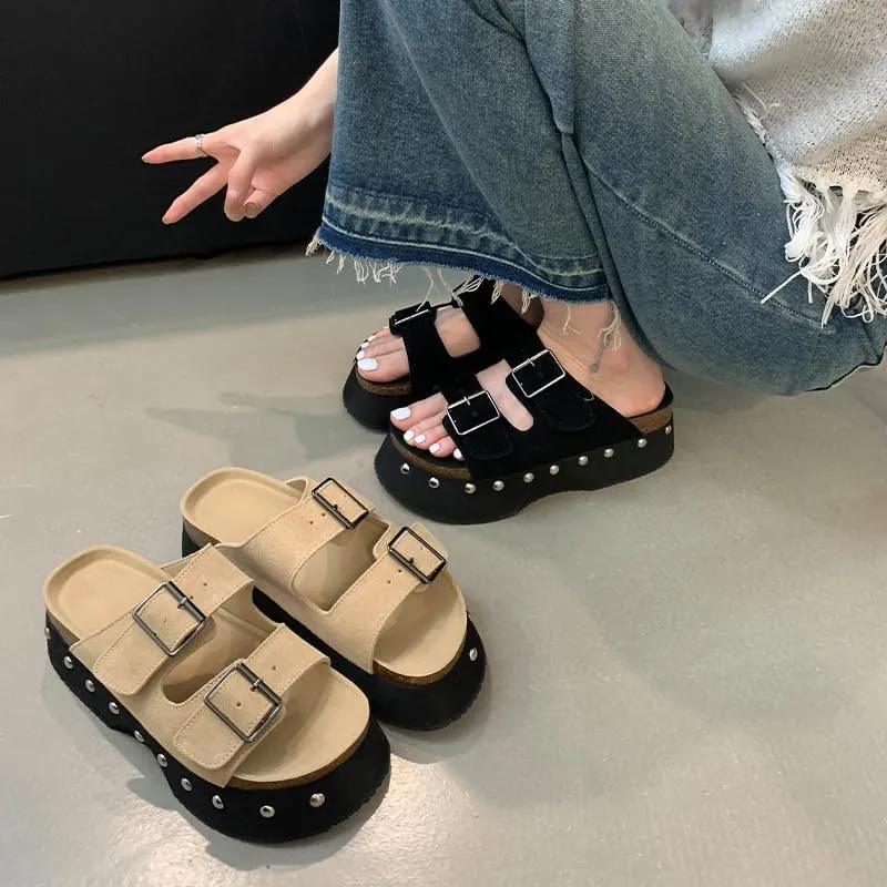 Women's Casual Slip on Wedges Platform Mules, Comfortable Buckle Clogs Slide Sandal, Studded Mid Heel Slipper Shoes