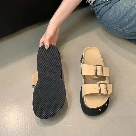 Women's Casual Slip on Wedges Platform Mules, Comfortable Buckle Clogs Slide Sandal, Studded Mid Heel Slipper Shoes