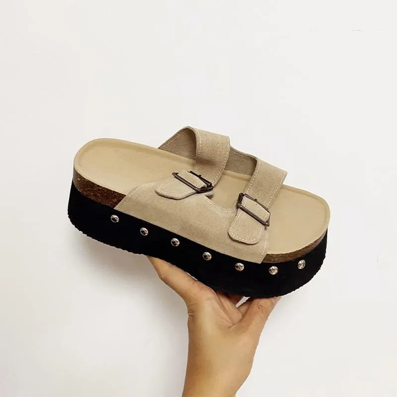 Women's Casual Slip on Wedges Platform Mules, Comfortable Buckle Clogs Slide Sandal, Studded Mid Heel Slipper Shoes
