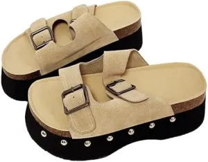 Women's Casual Slip on Wedges Platform Mules, Comfortable Buckle Clogs Slide Sandal, Studded Mid Heel Slipper Shoes