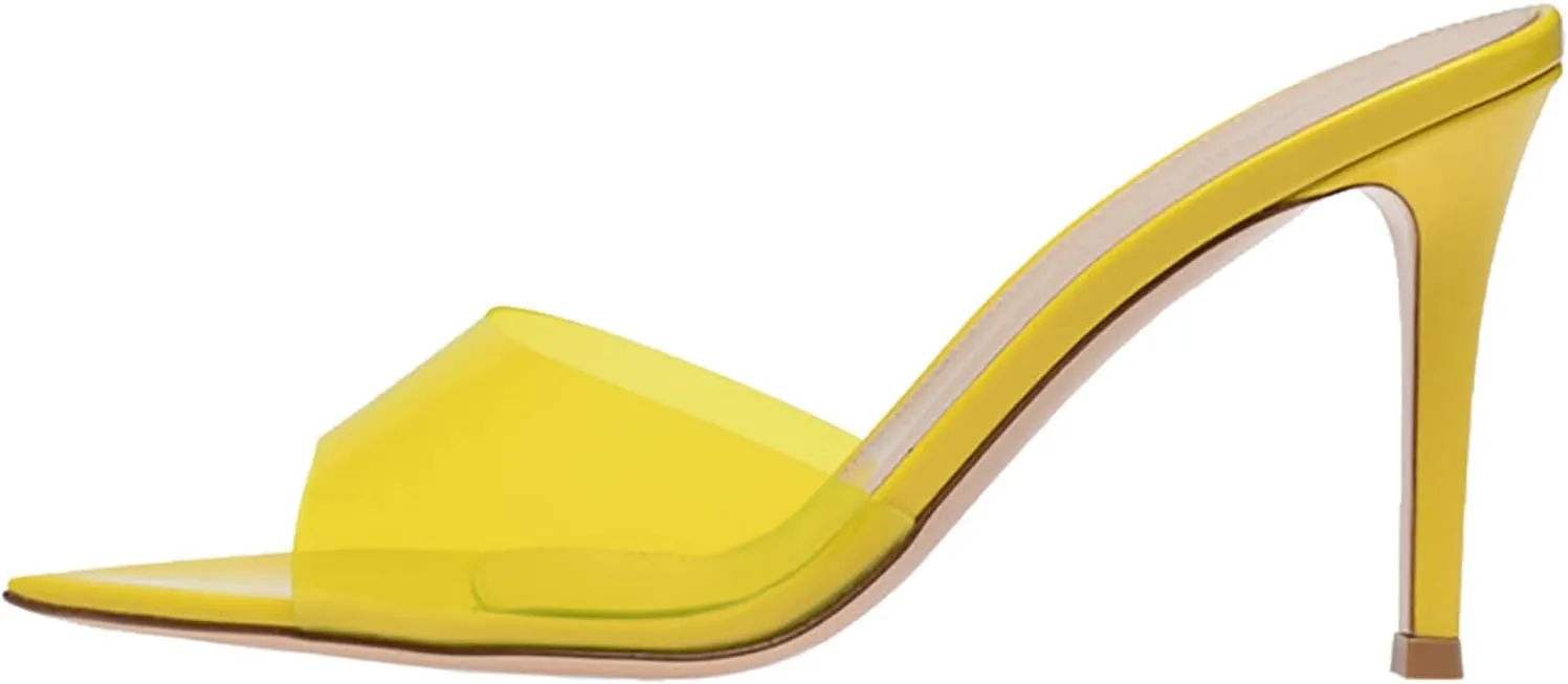 Women's Clear Pointed Open Toe Stiletto Heel Slide Sandals Fashion Sexy Slip On Transparent Strap High Heels Mules Summer Backless Party Wedding Prom Dress Shoes