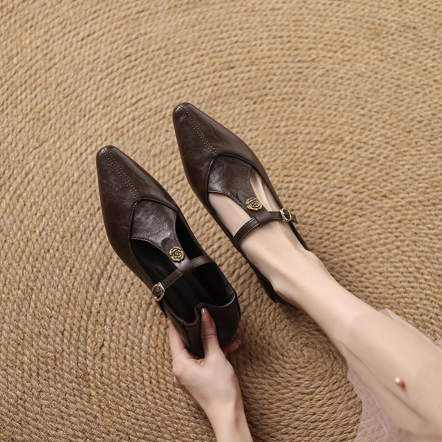 Women's Elegant T-Strap Vintage Pumps Block Low Heel Pointed Toe Cut Out Mary Jane