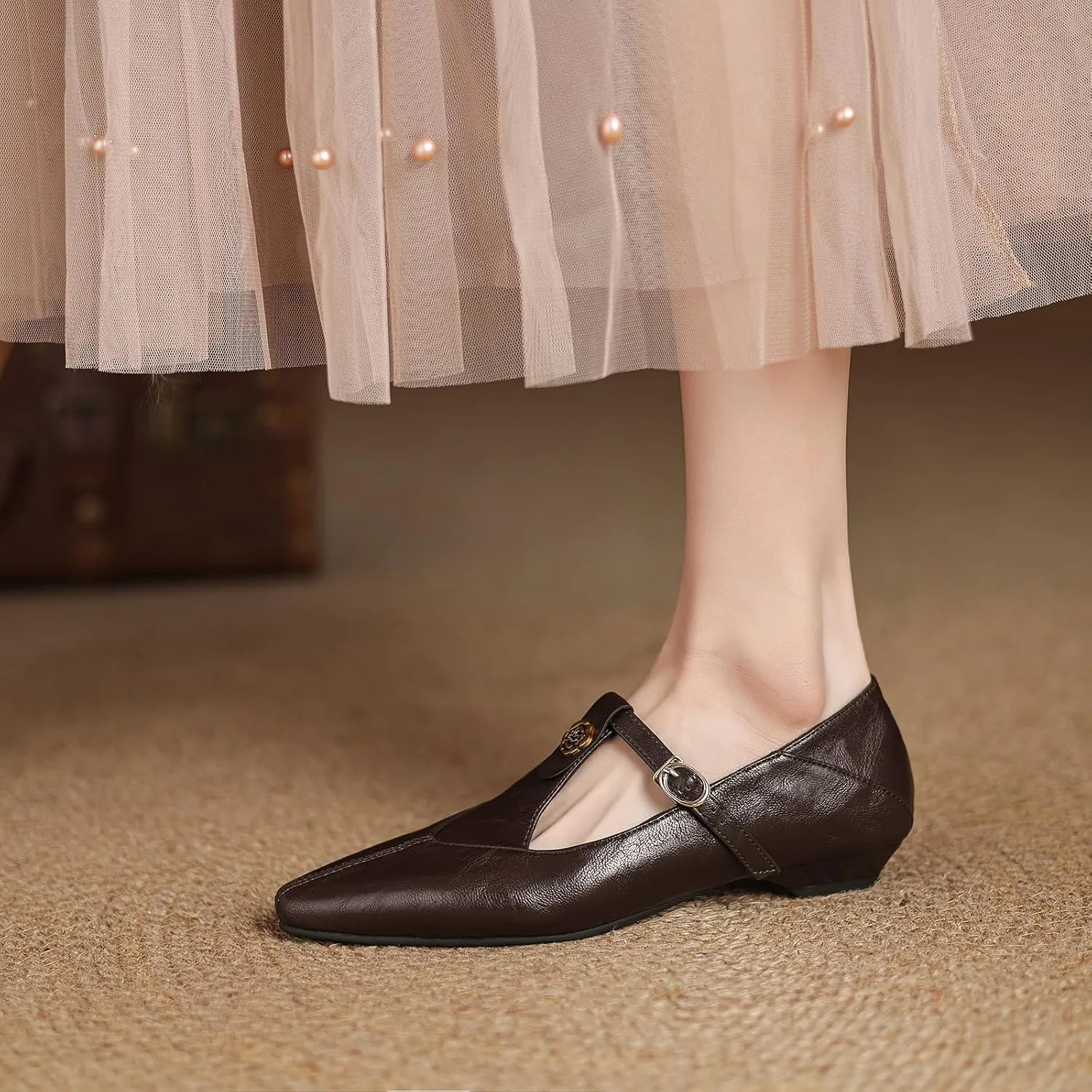Women's Elegant T-Strap Vintage Pumps Block Low Heel Pointed Toe Cut Out Mary Jane