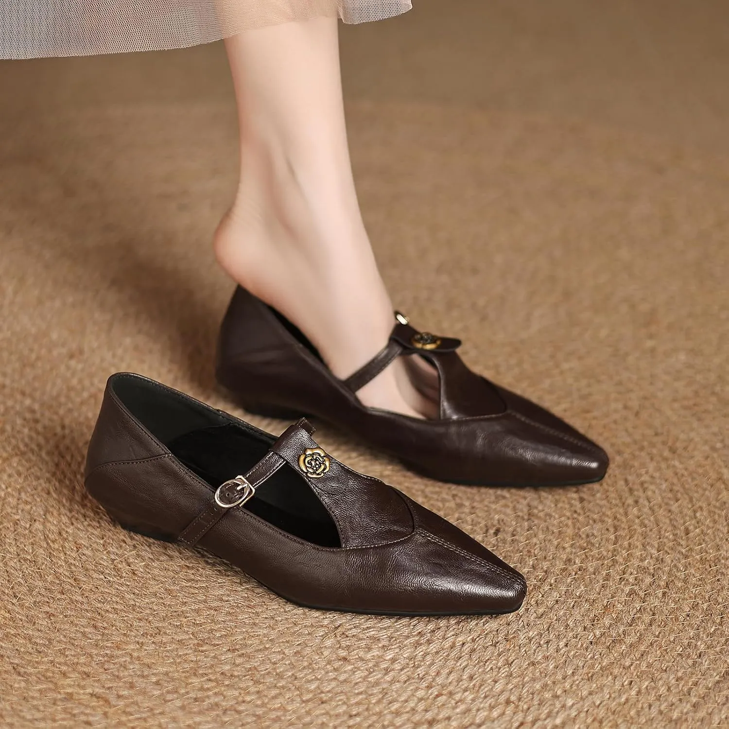Women's Elegant T-Strap Vintage Pumps Block Low Heel Pointed Toe Cut Out Mary Jane