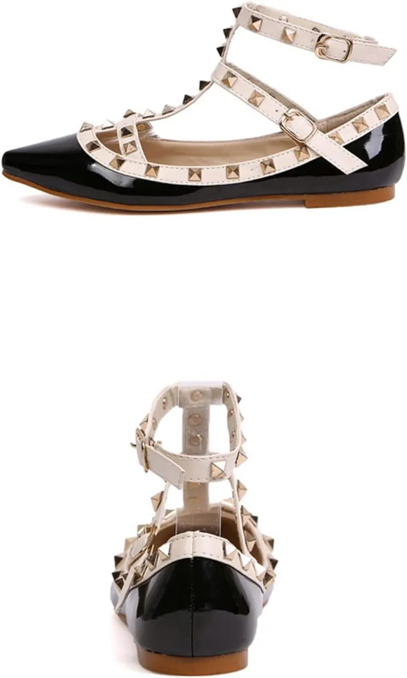 Womens Fashion Stud Flat Shoes Pointed Closed Toe Low Heels Color Block Studded T-Strap Casual Shoes Ankle Strap Buckle Classic Work Flats Office Shoes