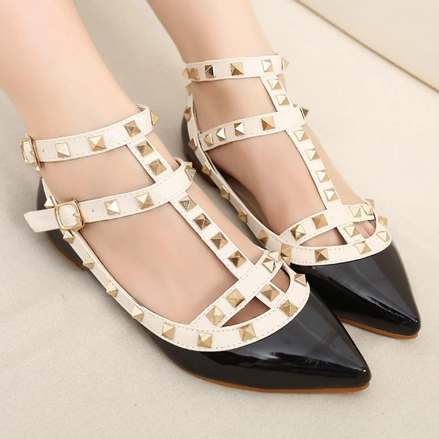 Womens Fashion Stud Flat Shoes Pointed Closed Toe Low Heels Color Block Studded T-Strap Casual Shoes Ankle Strap Buckle Classic Work Flats Office Shoes