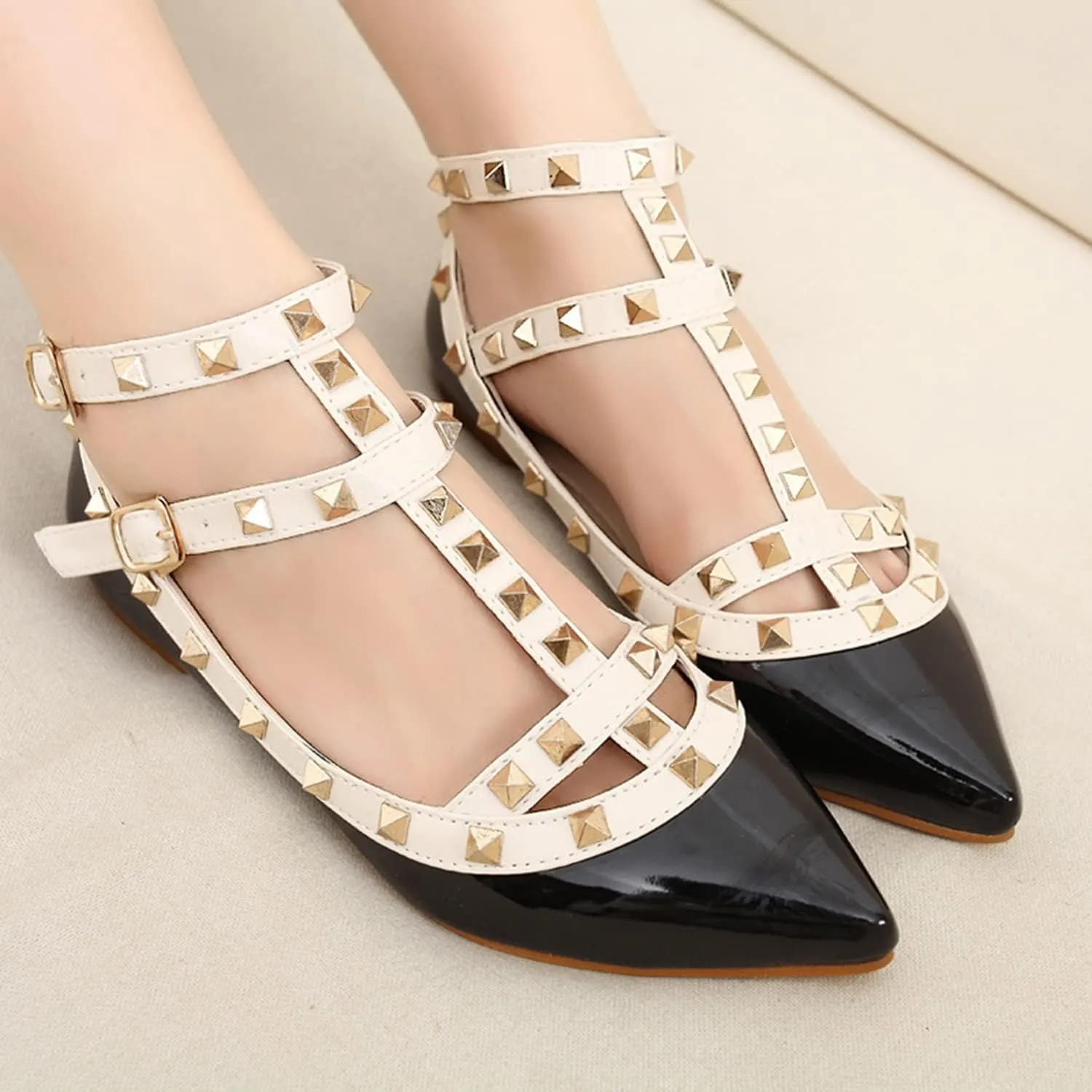 Womens Fashion Stud Flat Shoes Pointed Closed Toe Low Heels Color Block Studded T-Strap Casual Shoes Ankle Strap Buckle Classic Work Flats Office Shoes
