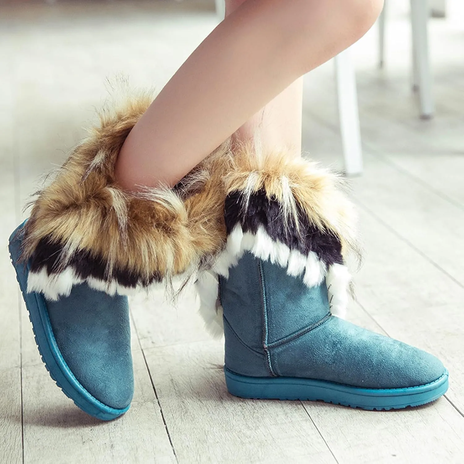 Women's Faux Fur Winter Snow Boot Suede Furry Fluffy Short Ankle Boots Warm Comfortable Outdoor Flat Mid-Calf Boots