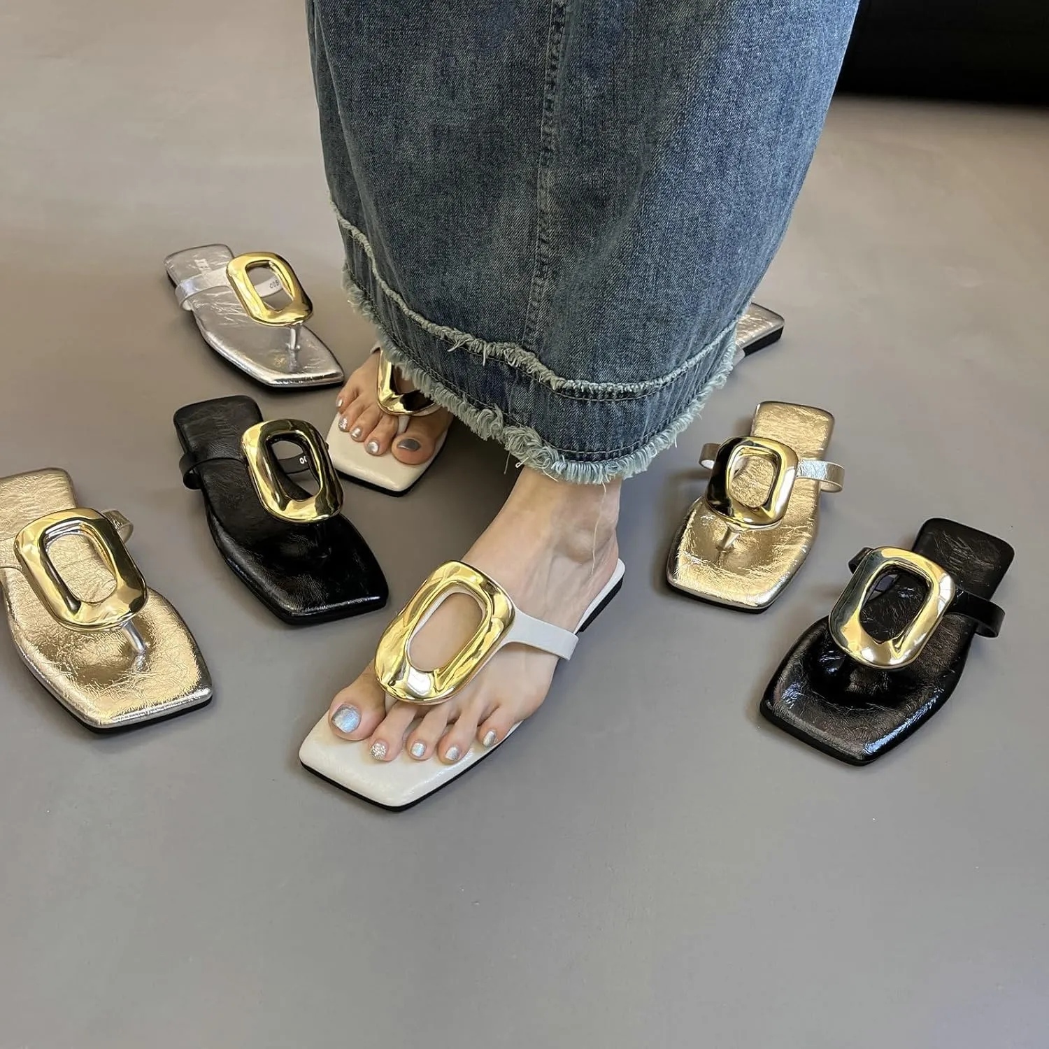 Womens Flat Sandals,Comfortable Open Square Toe Slip on Beach, Thong Sandals Fashion Ladies Slipper Dressy,Metal Decoration