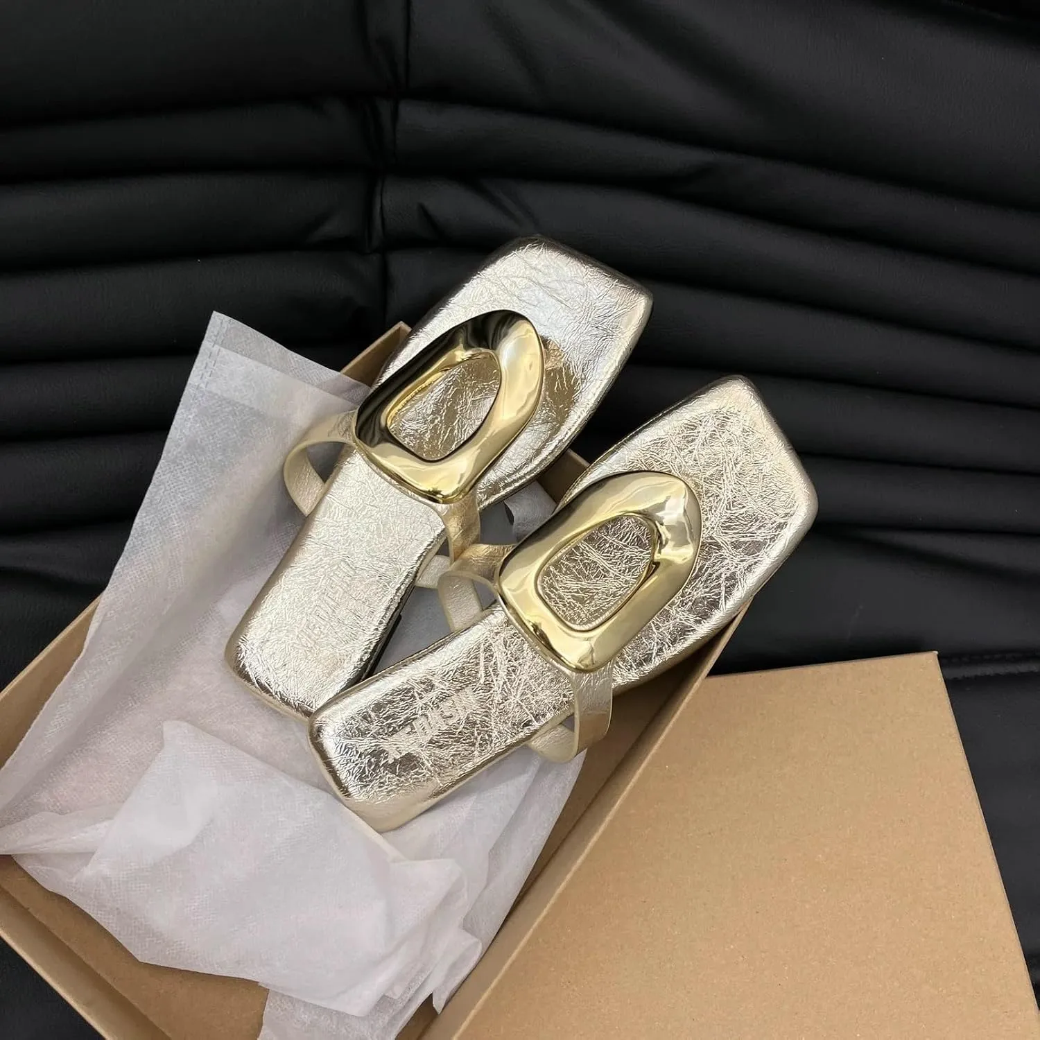Womens Flat Sandals,Comfortable Open Square Toe Slip on Beach, Thong Sandals Fashion Ladies Slipper Dressy,Metal Decoration