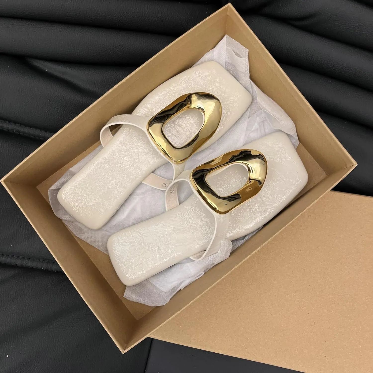 Womens Flat Sandals,Comfortable Open Square Toe Slip on Beach, Thong Sandals Fashion Ladies Slipper Dressy,Metal Decoration