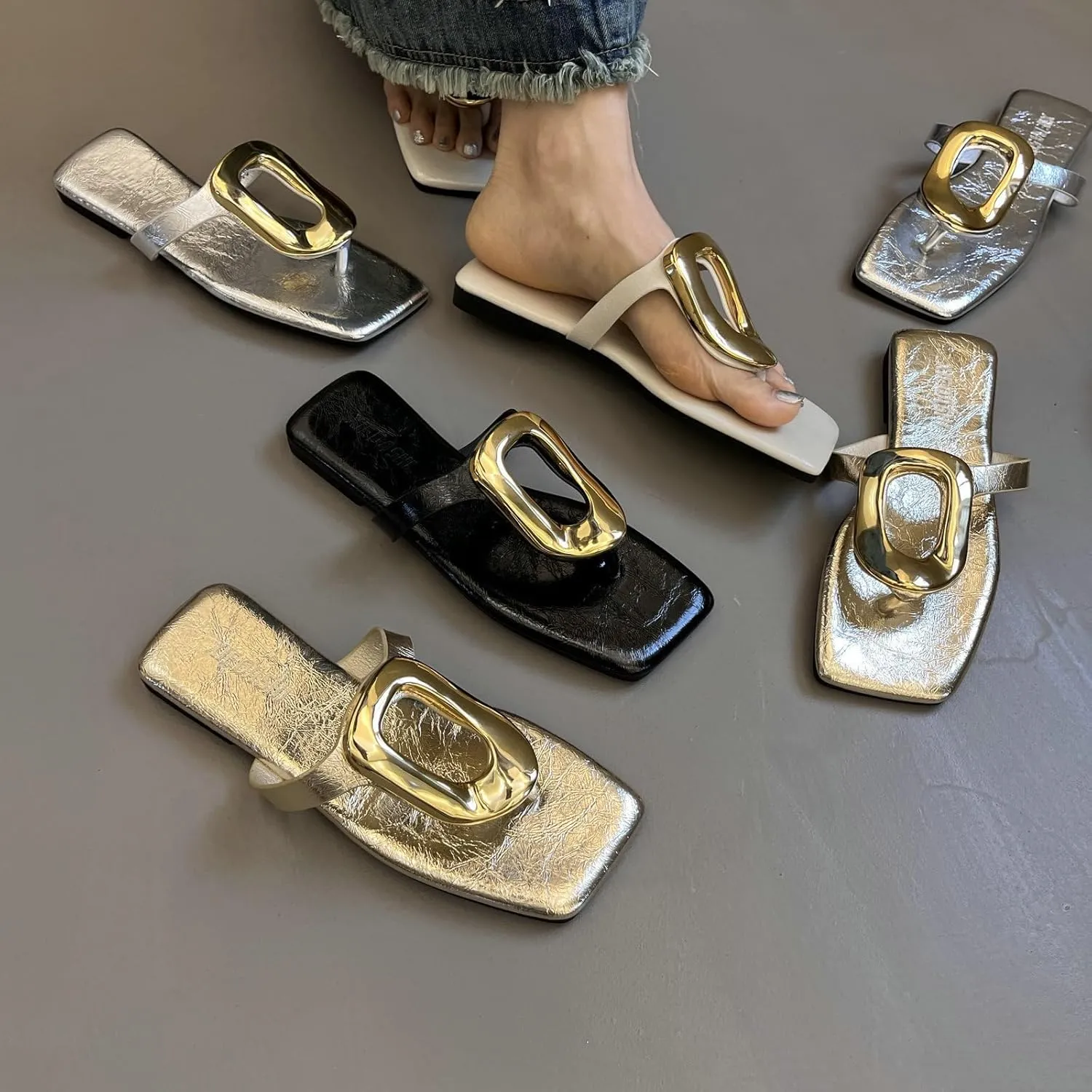 Womens Flat Sandals,Comfortable Open Square Toe Slip on Beach, Thong Sandals Fashion Ladies Slipper Dressy,Metal Decoration