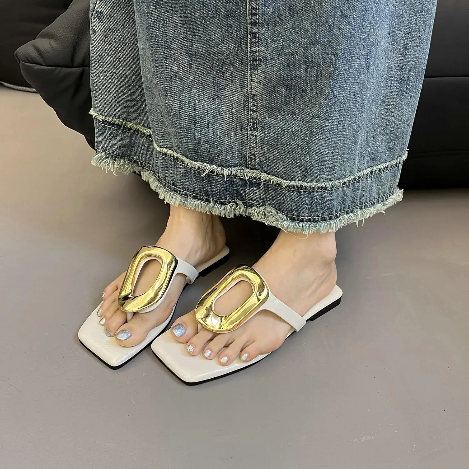 Womens Flat Sandals,Comfortable Open Square Toe Slip on Beach, Thong Sandals Fashion Ladies Slipper Dressy,Metal Decoration