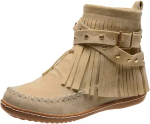 Women's Fringe Side-Zip Boot,Women's Suede Fringe Ankle Boots Wide Round Toe Flats Winter Warm Fashionable Western Outdoor Short Boots Boho Tassel Studded Slip On Booties with Zipper