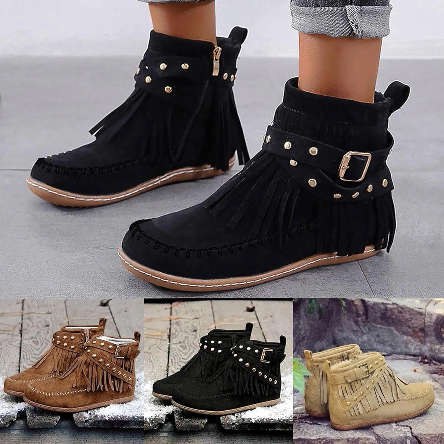 Women's Fringe Side-Zip Boot,Women's Suede Fringe Ankle Boots Wide Round Toe Flats Winter Warm Fashionable Western Outdoor Short Boots Boho Tassel Studded Slip On Booties with Zipper