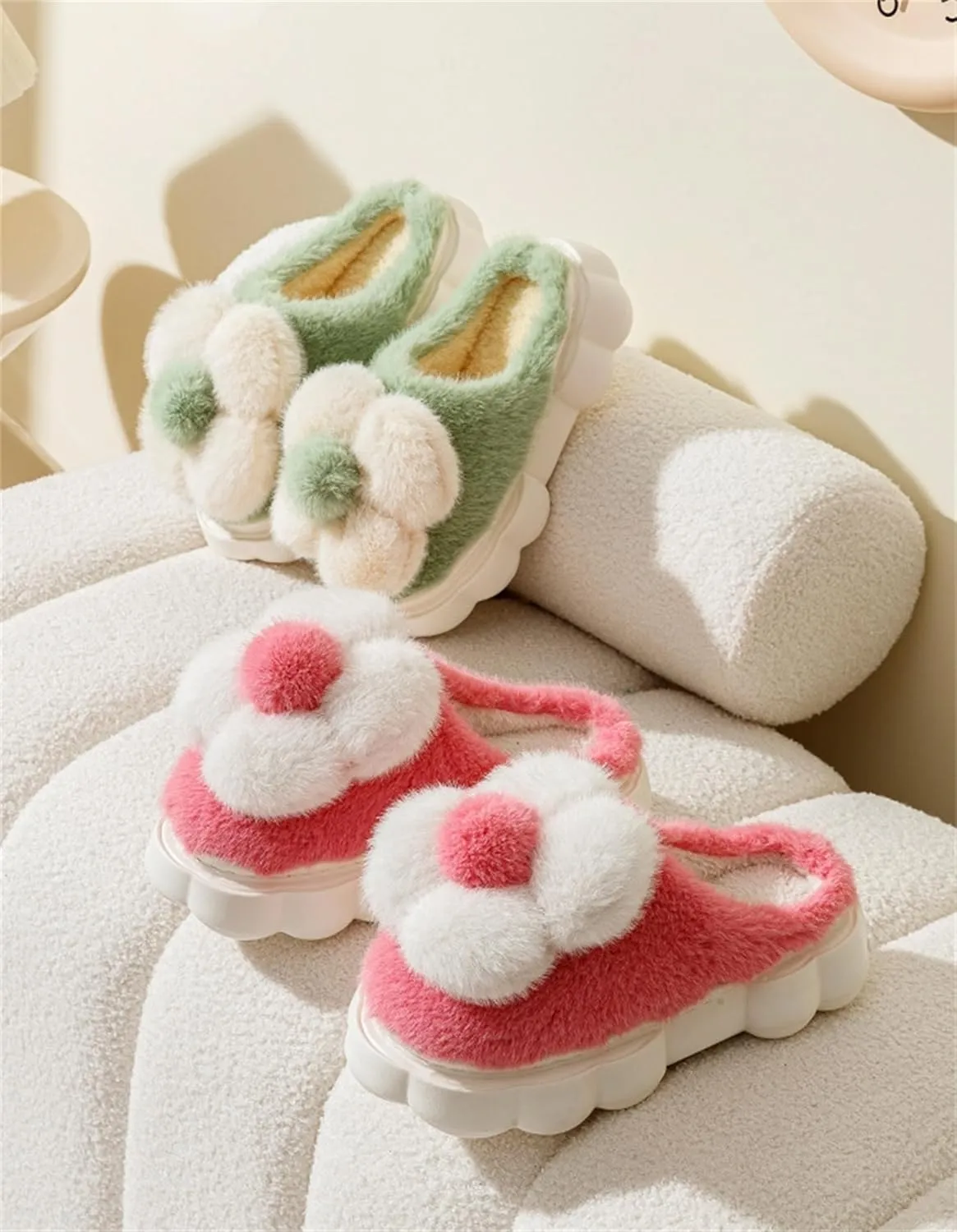 Women's Funny Plush Flower Slippers - Warm Anti Slip Winter Soft Cotton Slippers