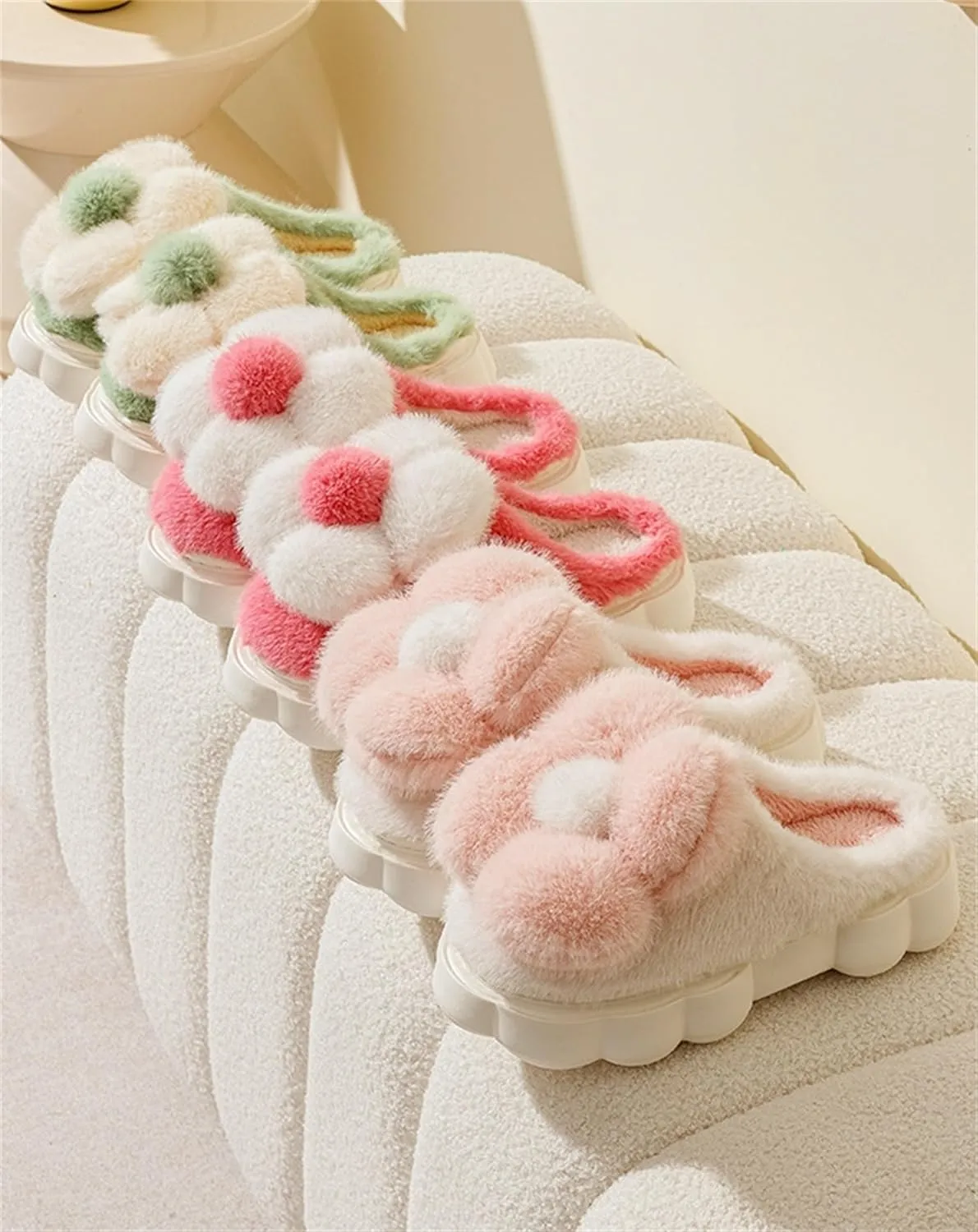 Women's Funny Plush Flower Slippers - Warm Anti Slip Winter Soft Cotton Slippers