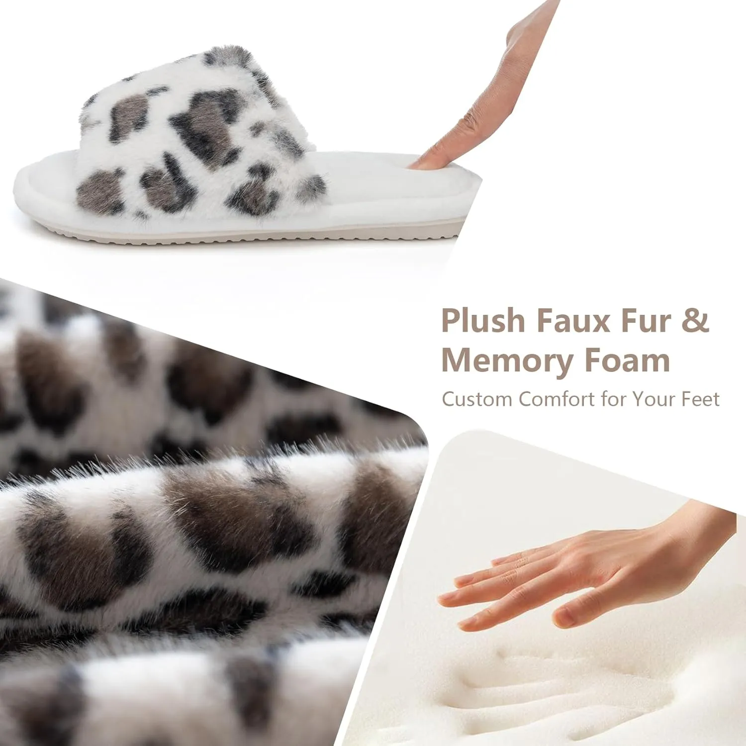 Women's Fuzzy Open-Toe House Slippers with Memory Foam - Leopard Print Plush Cozy Cute Slipper Indoor/Outdoor Soft Slip On Slides Gifts for Women Mom Her Ladies