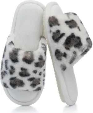 Women's Fuzzy Open-Toe House Slippers with Memory Foam - Leopard Print Plush Cozy Cute Slipper Indoor/Outdoor Soft Slip On Slides Gifts for Women Mom Her Ladies