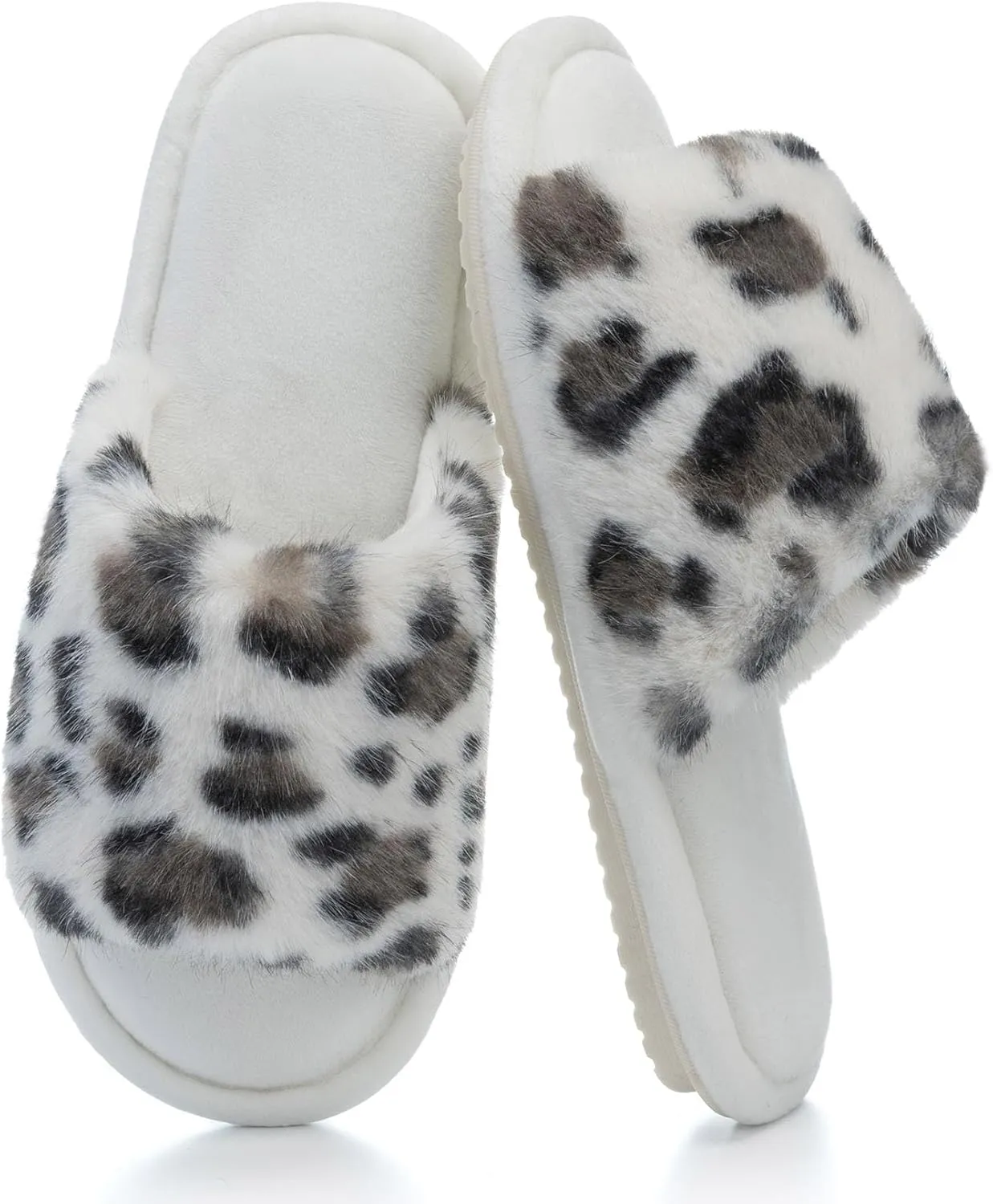 Women's Fuzzy Open-Toe House Slippers with Memory Foam - Leopard Print Plush Cozy Cute Slipper Indoor/Outdoor Soft Slip On Slides Gifts for Women Mom Her Ladies