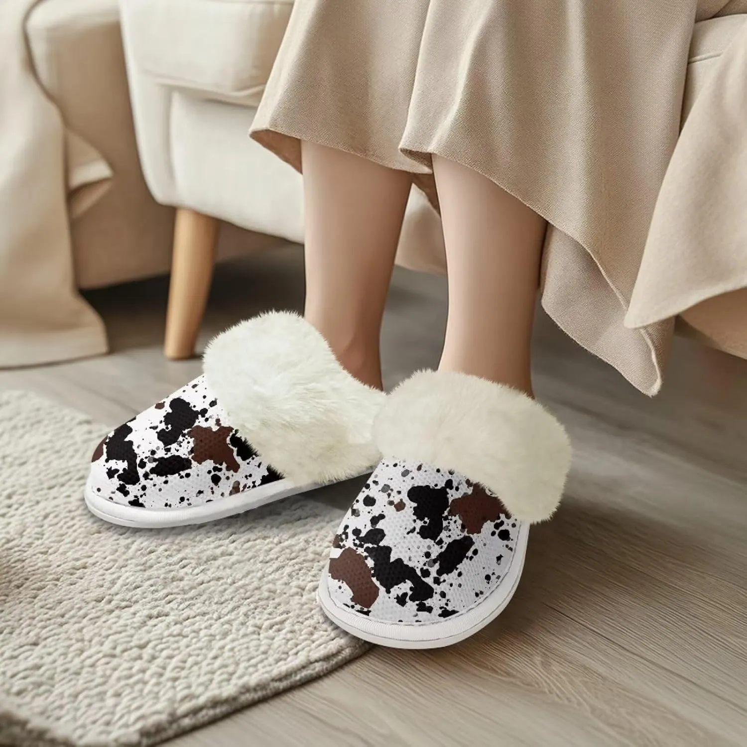 Women's Fuzzy Slippers Casual Slip On Soft Plush House Shoes with Non Skid Sole Comfortable Cotton Slipper Indoor Use for Spa Bath