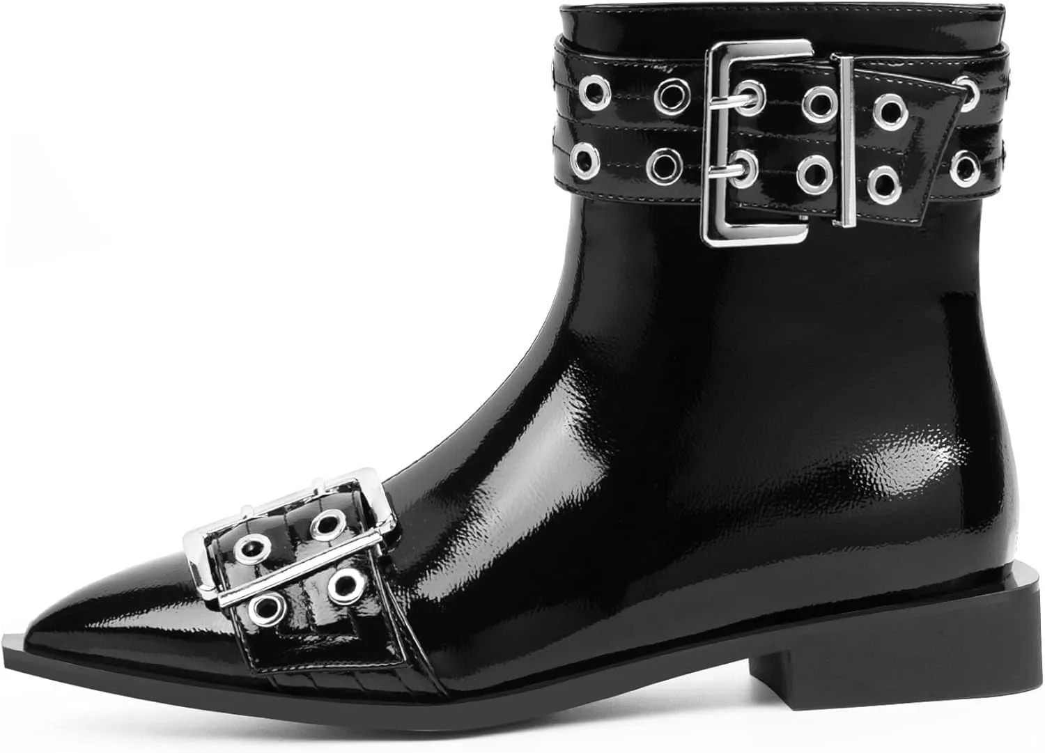 Women's Goth Pointed Toe Ankle Boots Flat Buckle Strap Booties
