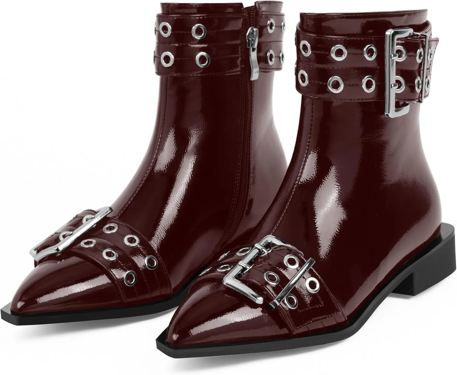 Women's Goth Pointed Toe Ankle Boots Flat Buckle Strap Booties