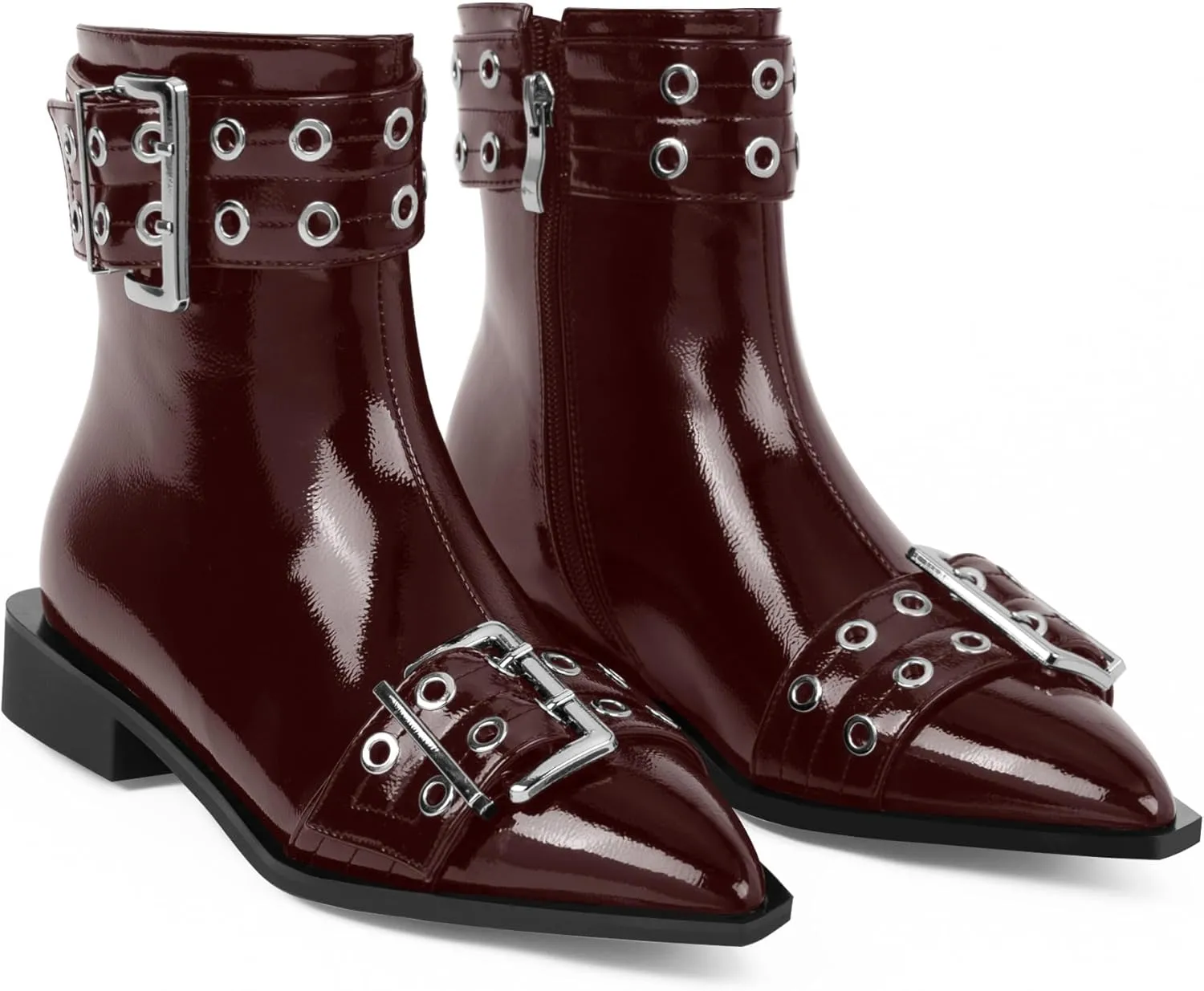 Women's Goth Pointed Toe Ankle Boots Flat Buckle Strap Booties