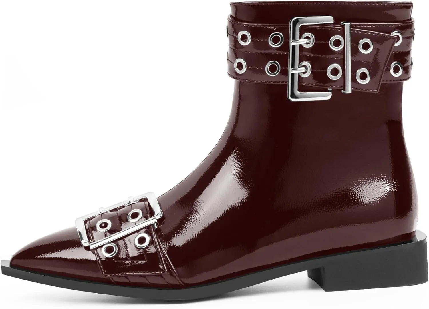Women's Goth Pointed Toe Ankle Boots Flat Buckle Strap Booties