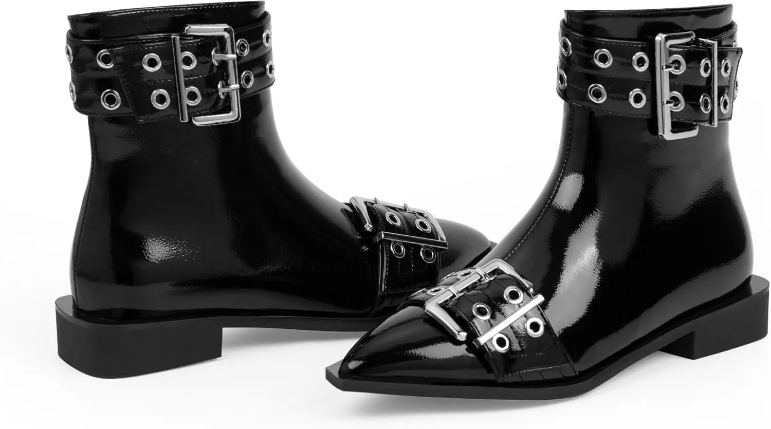 Women's Goth Pointed Toe Ankle Boots Flat Buckle Strap Booties