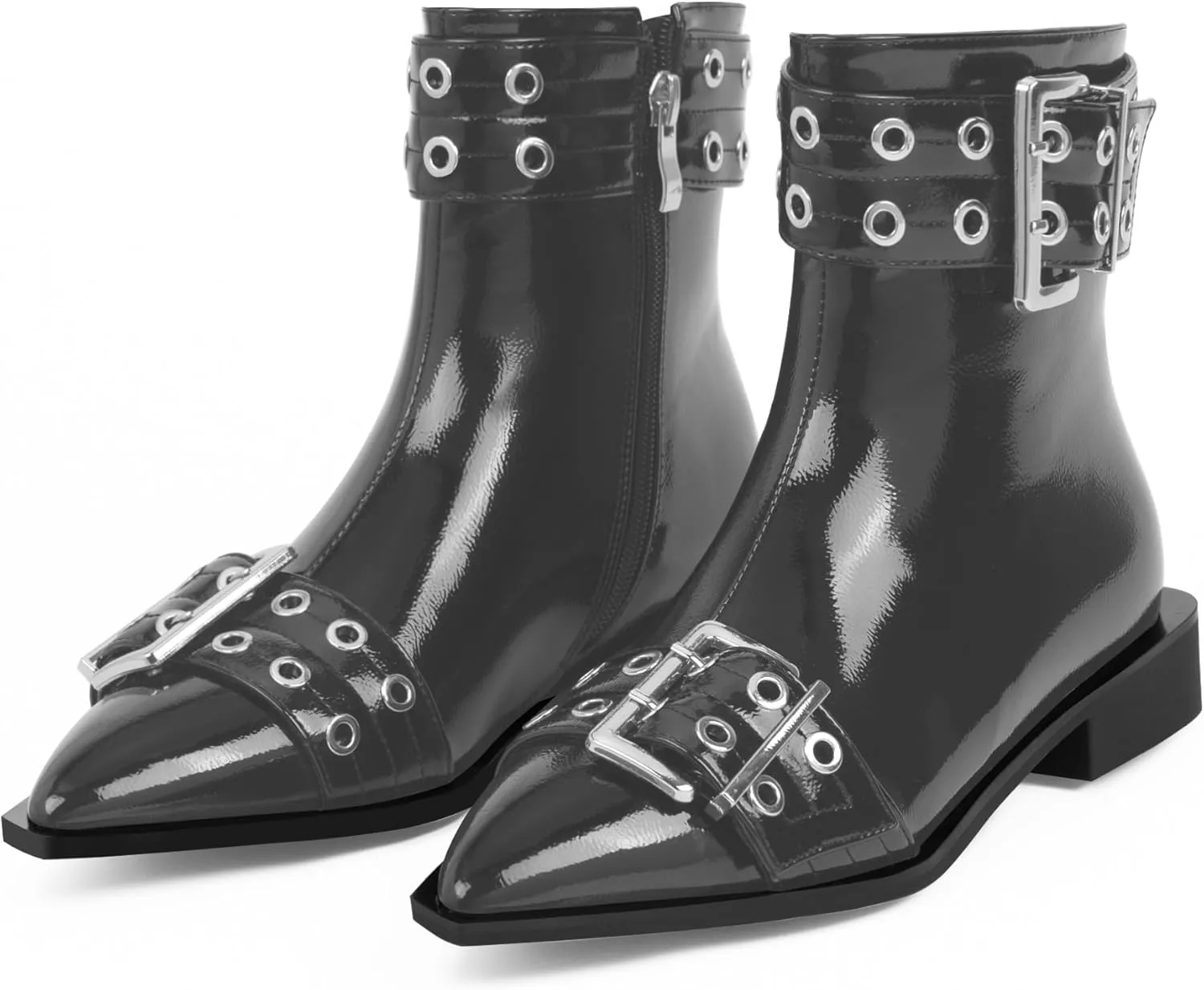Women's Goth Pointed Toe Ankle Boots Flat Buckle Strap Booties