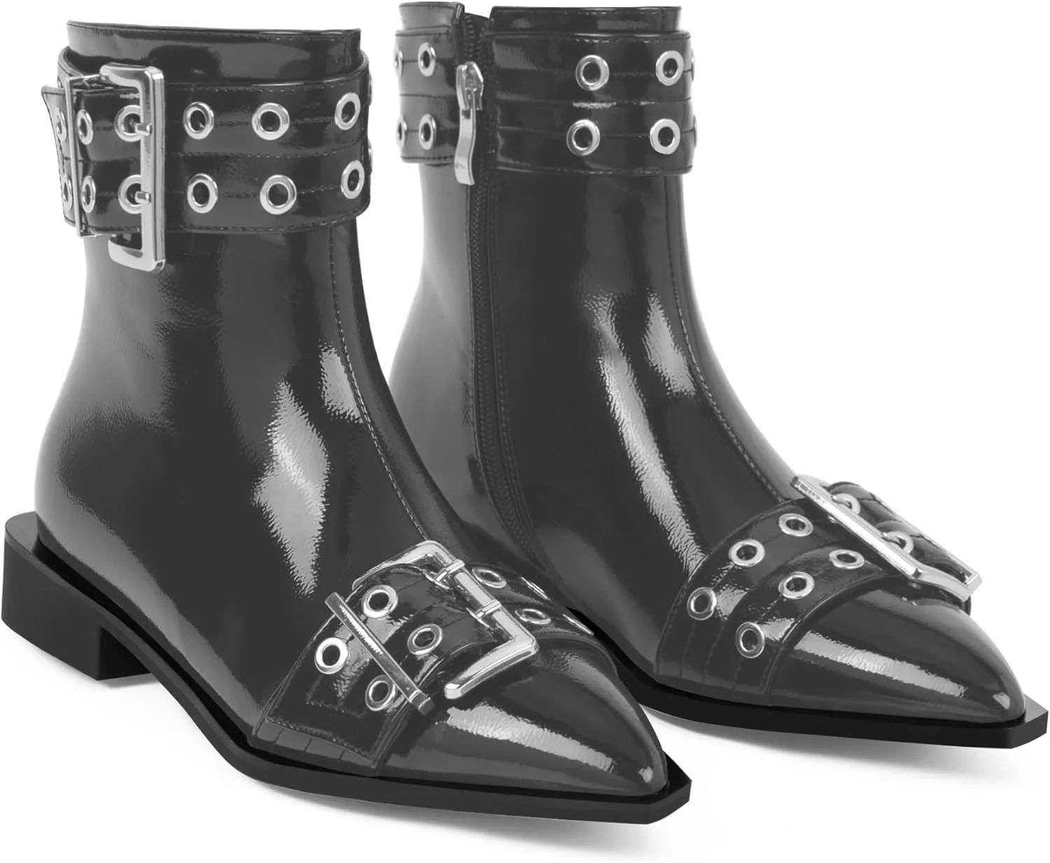 Women's Goth Pointed Toe Ankle Boots Flat Buckle Strap Booties