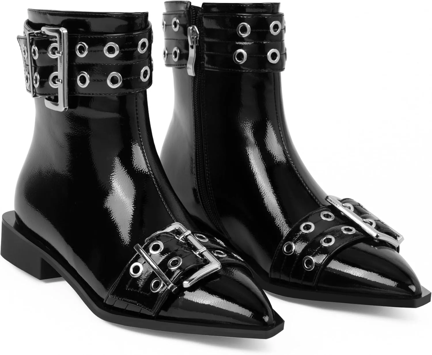 Women's Goth Pointed Toe Ankle Boots Flat Buckle Strap Booties