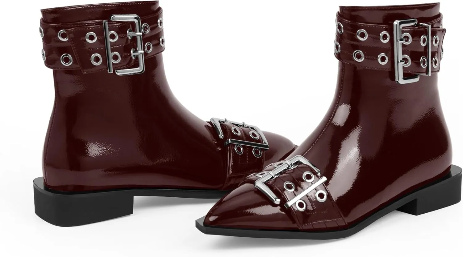 Women's Goth Pointed Toe Ankle Boots Flat Buckle Strap Booties