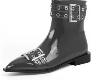 Women's Goth Pointed Toe Ankle Boots Flat Buckle Strap Booties