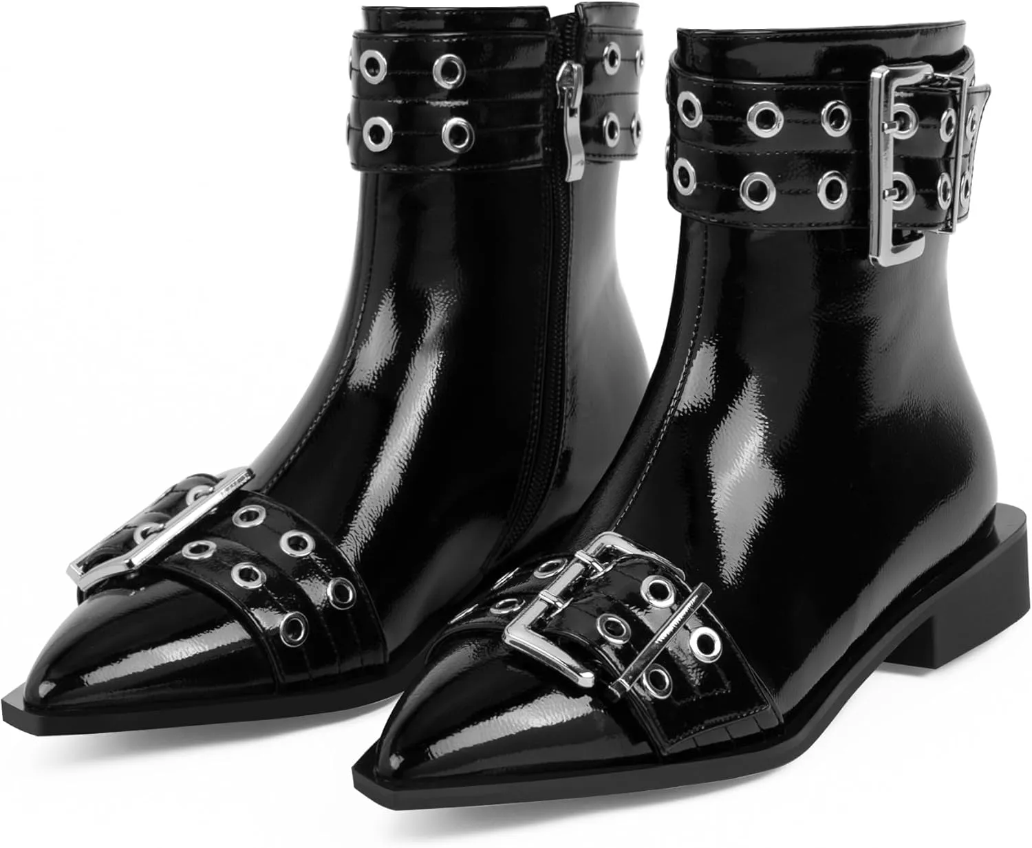 Women's Goth Pointed Toe Ankle Boots Flat Buckle Strap Booties