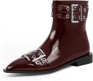 Women's Goth Pointed Toe Ankle Boots Flat Buckle Strap Booties